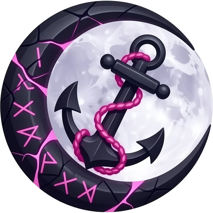 „blackened crescent‑moon fused with a jagged anchor, cracked runic engravings glowing violet, thin pink curse‑energy leaking like burning veins, soft moonlight catching the cracks, drifting shadow‑mist, ultra‑detailed, black‑violet‑pink palette, no characters“ emoji