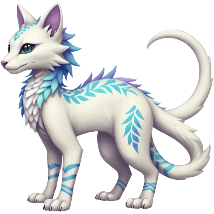 Kawaii white iridescent edgy cool fantasy feline-vernid-sergal-fursona animal creature with a tufted tail full body with intricate tribal markings  emoji