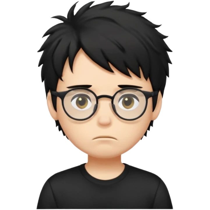 generate a pretty bratz fair skinned boy with black messy hair wearing a black tshirt looking bored n tired. Glasses on emoji