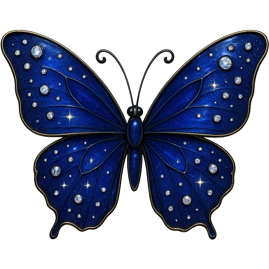 single dark blue butterfly, deep blue enamel, sparkling gems emoji