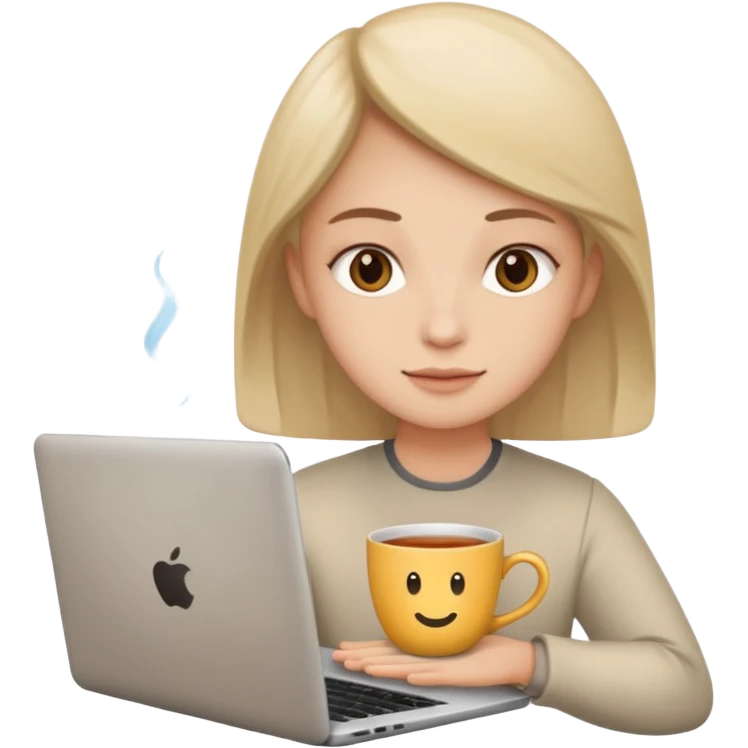 laptop, neutral face in display, cup of tea nearby emoji