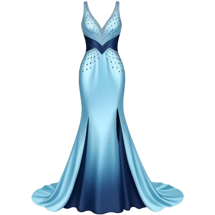 Realistic isolated long slim pastel blue formal party satin dress with gradient shiny sparkling navy blue diamonds embroidered on it. emoji