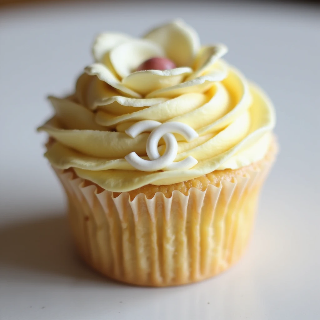 photorealistic pastel yellow Chanel cupcake with a camellia flower and edible logo, delicate and elegant emoji