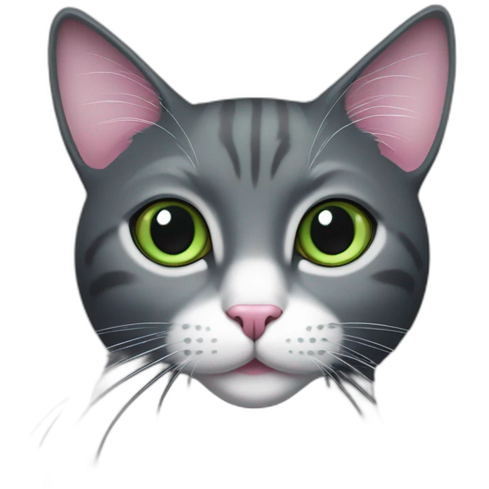 dark grey cat, pink nose, green eyes, white long whiskers, white spots near the nose, white breast emoji