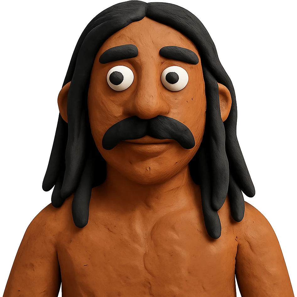 claymation style man with long black hair, mustache, no beard, brown skin emoji