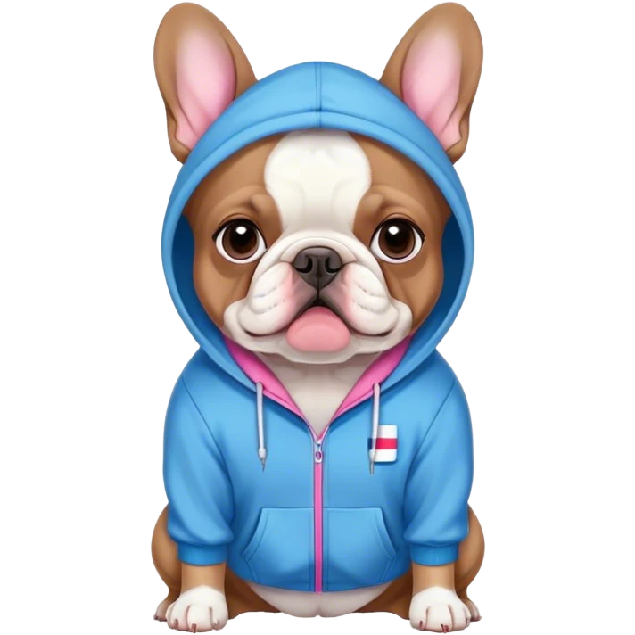 French bull dog wearing blue and pink hoodie emoji