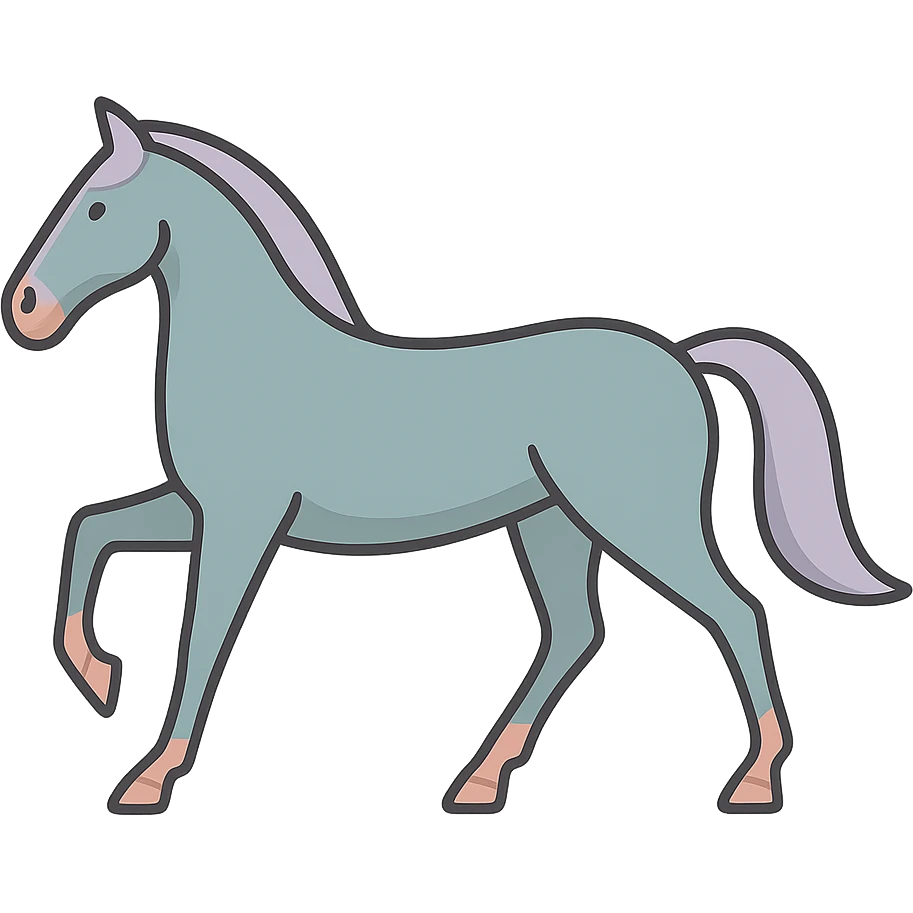 Create an icon-color-outlined style illustration of a horse in Chinese eastern style. The pose should match the reference image. Use thin, clean contours and soft rounded shapes. Employ a pastel palette with colors #98B5BC, #B5B3C1, #C9A3C9, #E4C0CA, #F7DCD1, #F7C0AA. Include detailed shadows and highlights with soft lighting. The background should be transparent. The horse should appear less cute and have no decorative elements. emoji