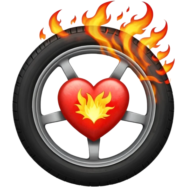 a car wheel on fire, sparks flying from underneath, and a red heart in the center of the wheel emoji