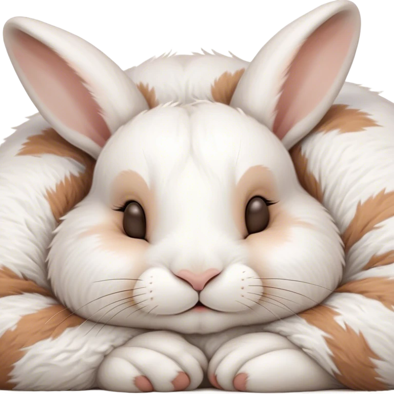 Meme-Worthy Cute Sleeping White and Brown Rabbit Portrait Emoji, Head resting peacefully with a contented smile, showcasing a delightfully balanced build and a luxuriously soft patterned fur of white and brown, eyes shut in a serene nap, Simplified yet hilariously adorable features, highly detailed, glowing with a soft, drowsy light, high shine, relaxed and utterly lovable, stylized with an air of playful laziness, bright and heartwarming, soft glowing outline, capturing the essence of a comically sleepy bunny, so meme-worthy it feels like it could instantly become the next viral sensation of adorable slumber! emoji