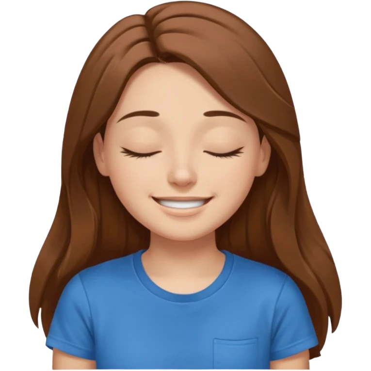 female face smiling with closed eyes with long brown hair and brown eyes in a blue t-shirt emoji