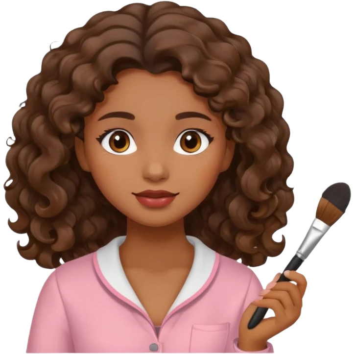 Chica castañana con el cabello ondulado, aplicándose rubor con una brocha en la mano emoji