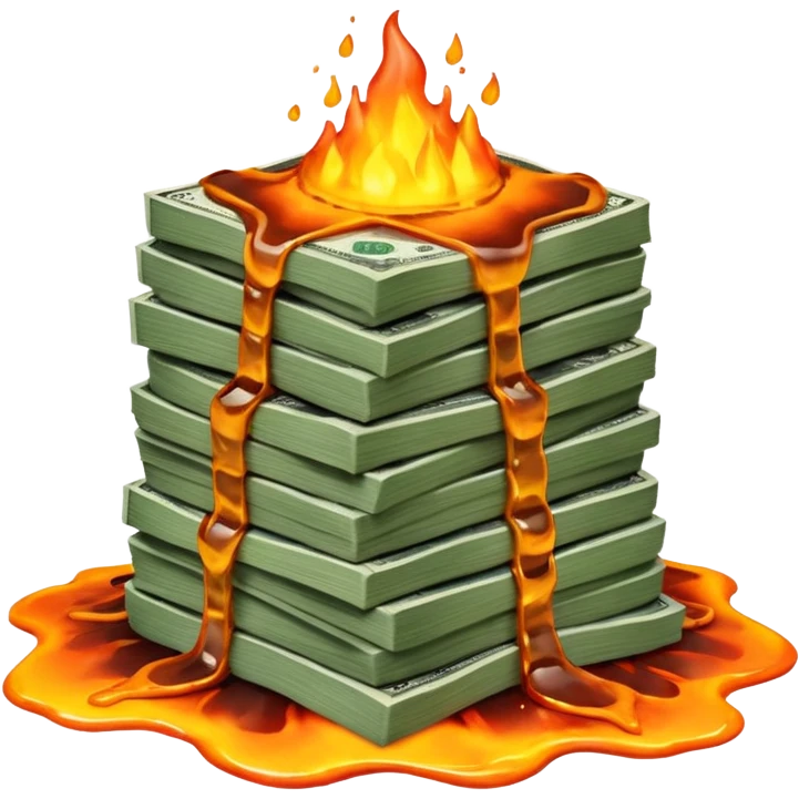 Transform the stack of money into lava money: make the bills appear to be melting and turning into glowing, molten lava with realistic textures and dramatic lighting. Keep the background transparent. The style should reflect a realistic molten lava effect with glowing and melting details. emoji
