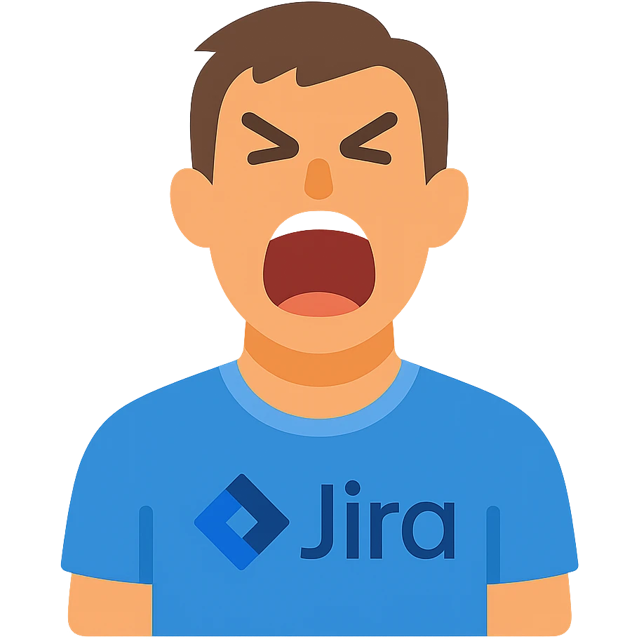 screaming IT guy wearing an Atlassian Jira t-shirt, colored icon emoji