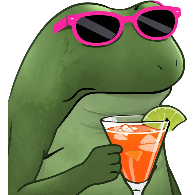 bufo frog with fashionable sunglasses, drinking a bright fruity cocktail emoji