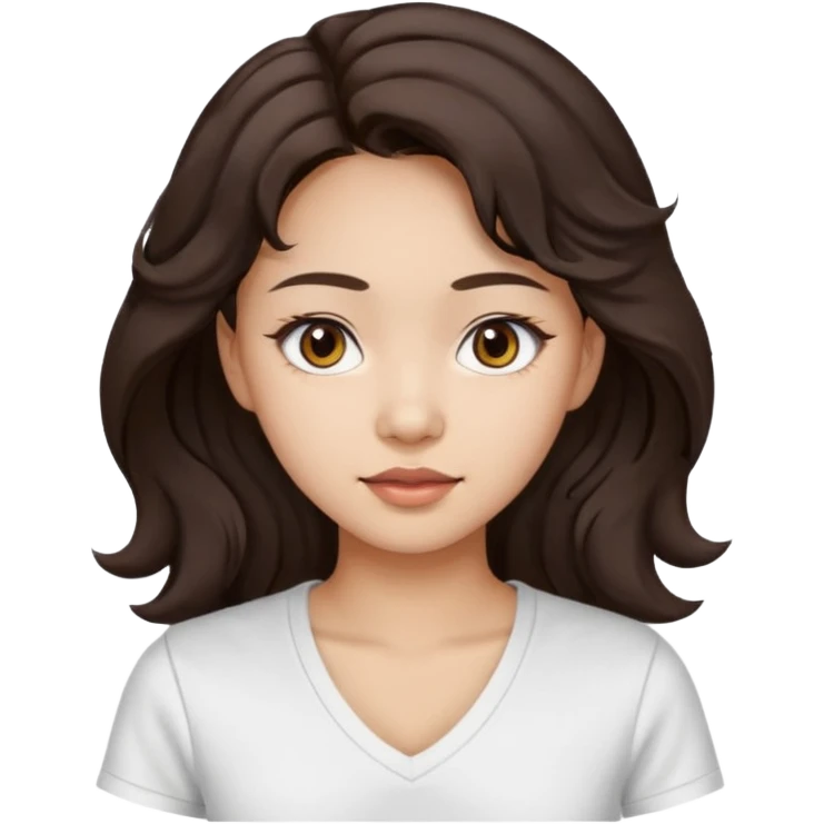 iOS style emoji. A girl with very long dark brown wavy hair. And the eyes color is dark brown. And she is wearing white t shirt with V kneck. And she is 30. She is Asian with double eyelids  emoji