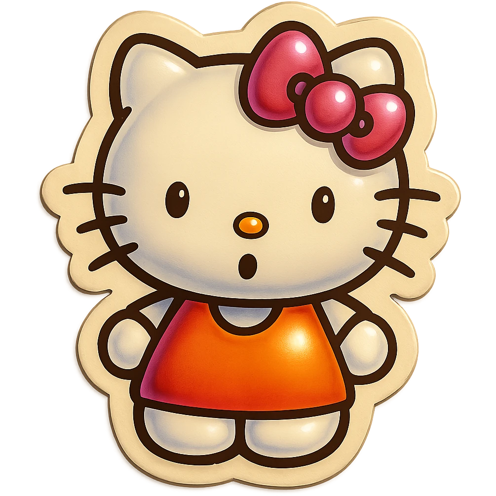hello kitty sticker style, white head, pink bow, surprised expression, orange dress emoji