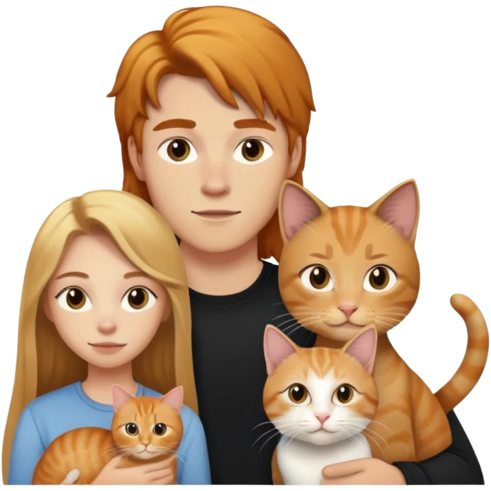 22 year old man with brown long hair, 18 year blond woman and cats 1 year (ginger male and black female) emoji