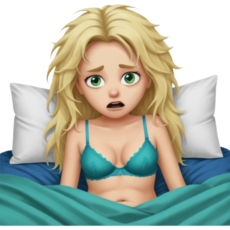 Blonde baddie with very long messi hair blue-green eyes  and lay in a big bed in underwear sie hat Todesangst und guckt schmerzhaft und erschrocken ihr Bauch ist dick und ihre Unterhose blutet  emoji