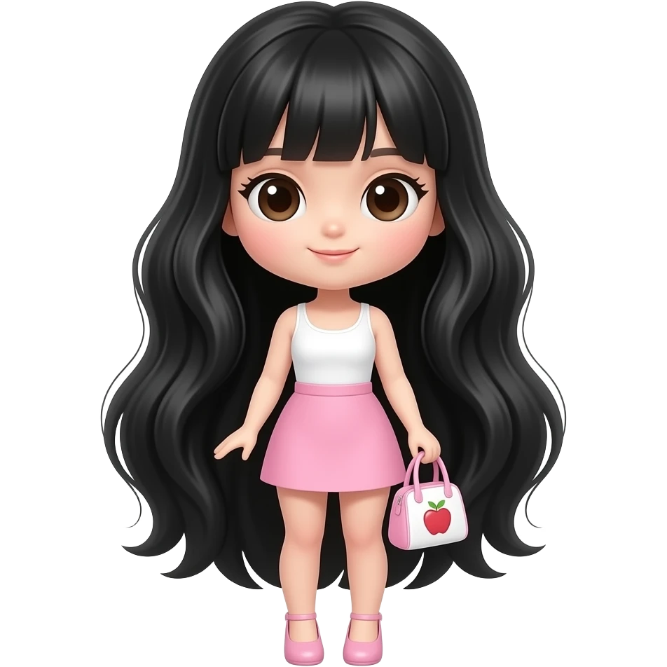 A cute, ethereal Asian doll-looking girl with long thick shiny black hair, dark brown almond-shaped eyes, full boy, light pink mini skirt, white tank top, light pink heels, light pink and white mini handbag, give more of apple empji vibes emoji