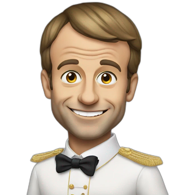 Emmanuel Macron with a troll face and wearing a costume emoji