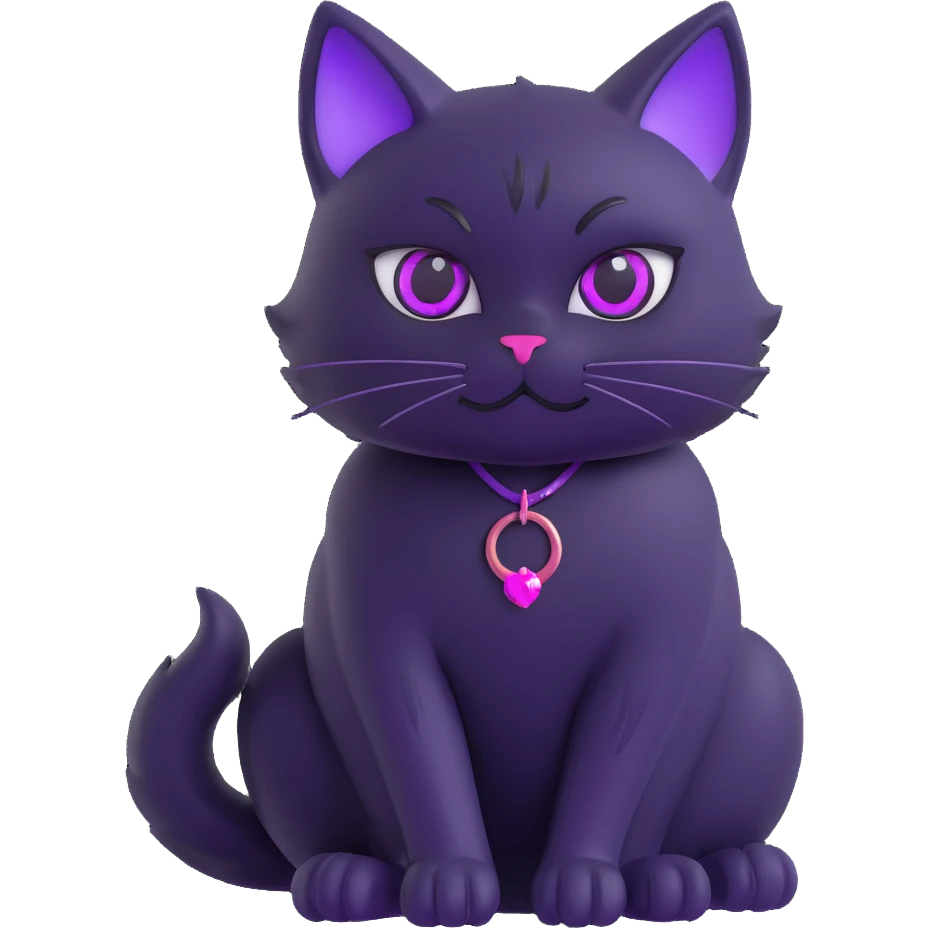 stylized black cat with glossy fur and vibrant purple eyes, sitting, 3D emoji style emoji