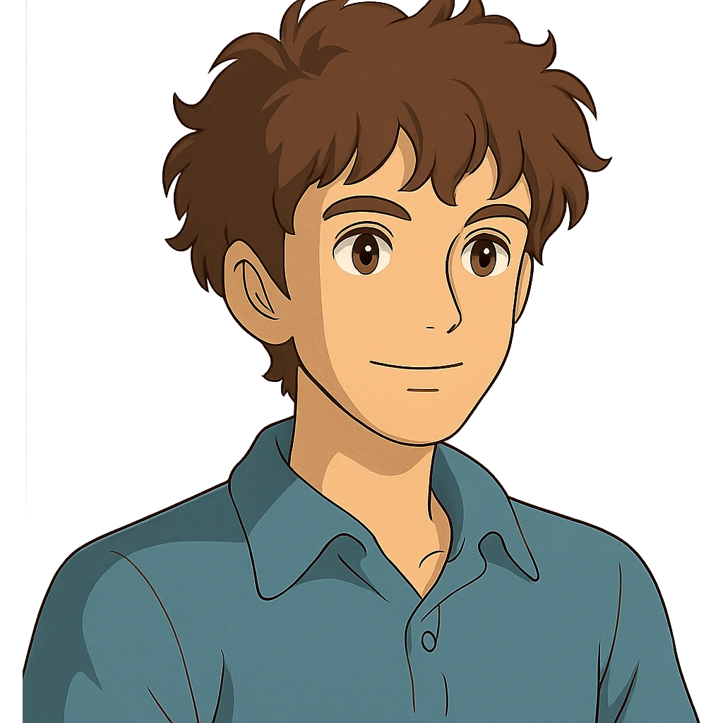 ghibli style good looking young adult boy with brown curly hair and brown eyes emoji