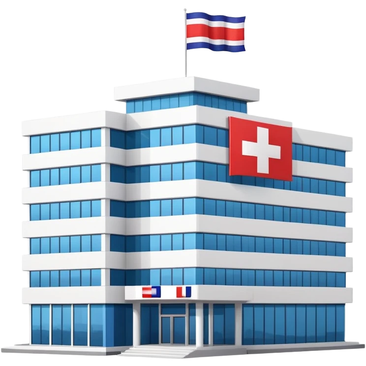 Hospital building with Thai flag waving, red cross medical symbol, Thailand flag with red white blue stripes emoji