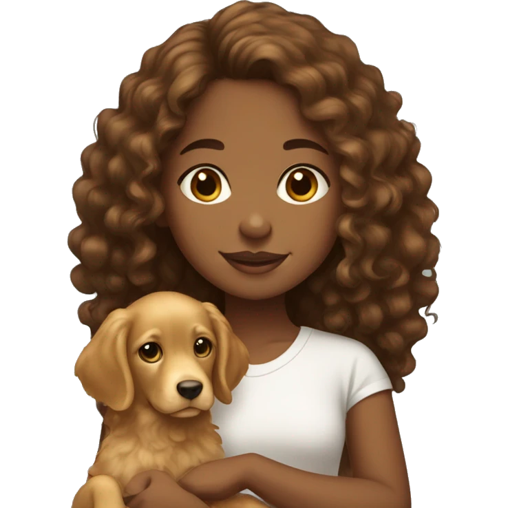 Brown girl with brown curly hair with a golden retriever puppy emoji