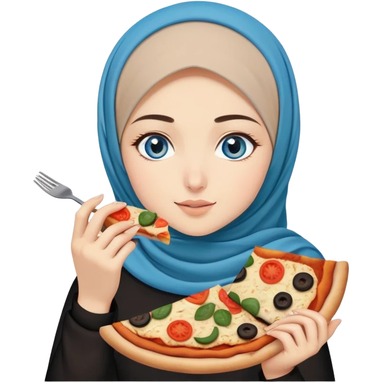 Turkish beautiful finish Konya girl blue eyes with beige and black hijab islamic dress and eating with her hand a slice of vegetable pizza  emoji