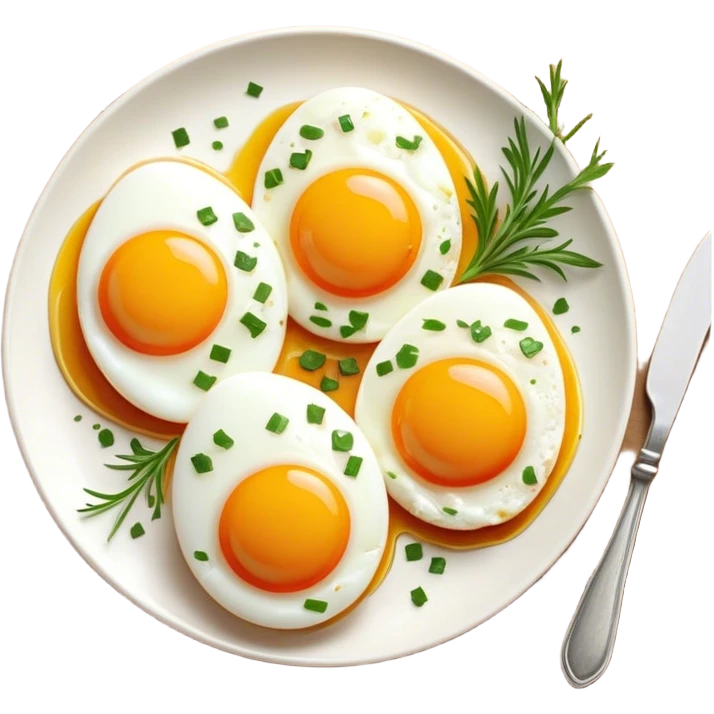Cinematic sunny-side-up eggs, perfectly cooked with glossy yolks, crispy golden edges, sprinkled with fresh herbs, served on a rustic plate, bright and inviting, highly detailed and appetizing. emoji