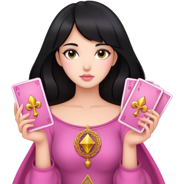 black hair girl with pink pink tarot gold cards emoji