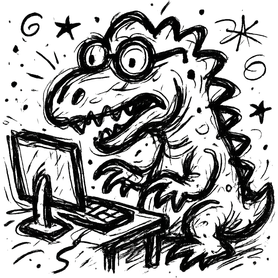 hand-drawn old dinosaur with glasses at a computer emoji