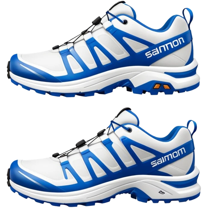 Minimalist white Salomon XT-6 with blue signature Salomon stripe across the middle, one positioned behind the other, iOS emoji style, completely white except for the distinctive colored middle stripe emoji