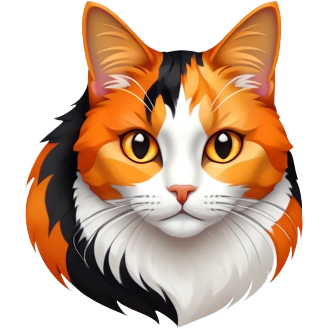 cinematic-noble-calico-cat-portrait-emoji,-poised-and-regal,-with-a-striking-patchwork-fur-in-vibrant-orange,-black,-and-white-hues premoninantly black,-delicate-whiskers-and-a-refined,-relaxed-gaze,-simplified-yet-exquisitely-detailed,-glowing emoji