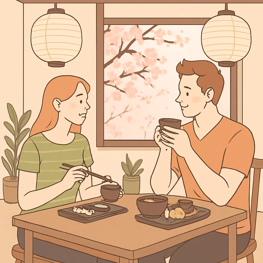 A man and woman sitting across from each other at a small wooden table in a cozy Japanese cafe. They are enjoying traditional Japanese food and tea. The cafe has minimalist decor with paper lanterns, plants, and a view of cherry blossoms outside the window. emoji