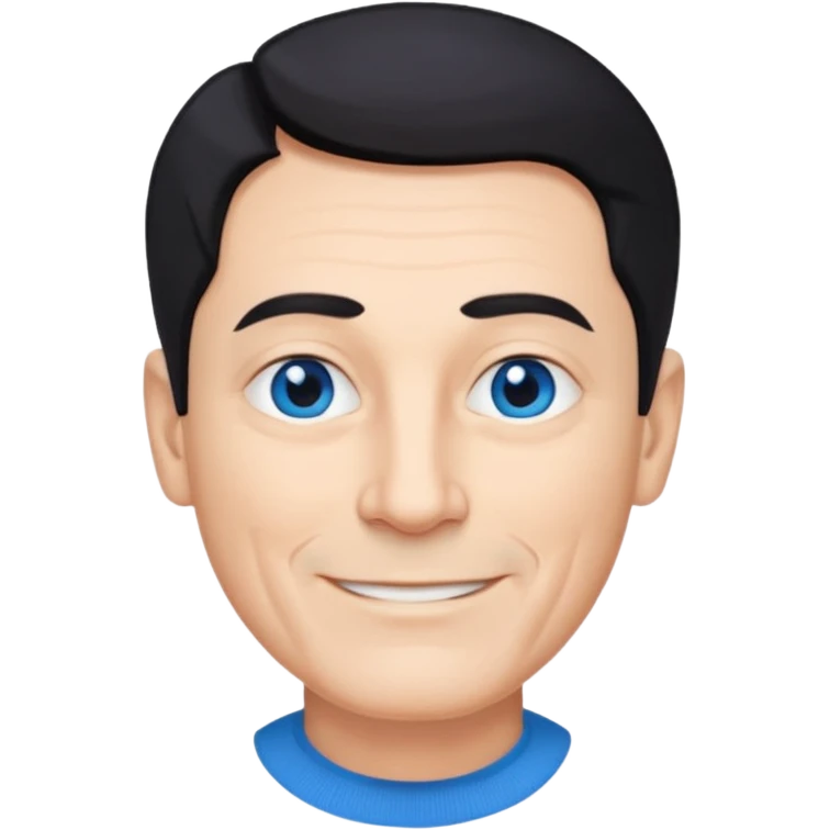 homme 60 ans menton pointu, yeux bleus cheveux noir courts sourir emoji
