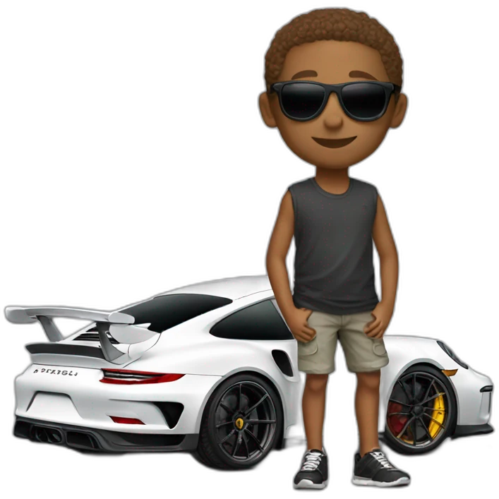 Boy wearing shades in front of Porsche 911 gt3rs  emoji