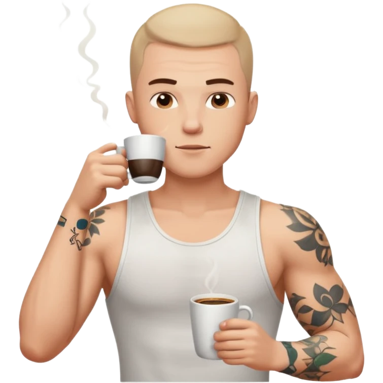 a white short guy wearing a white tank top with a buzz cut drinking a cup of coffee, hes got tattoos on his arms emoji