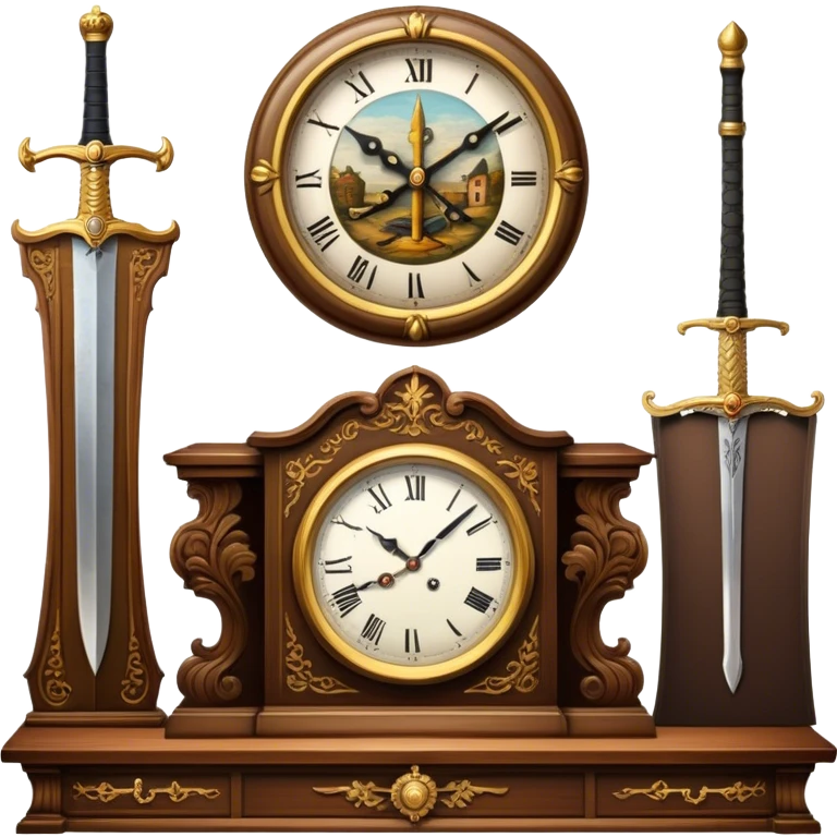 Icon for Antiques Collecting: a vintage clock, intricately carved furniture, famous paintings, antique swords, and rifles. The items are displayed on a wooden table or shelf. The icon should evoke the rich history and craftsmanship of antique collecting. Transparent background. emoji