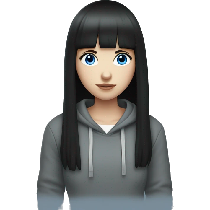 A pale girl with blue eyes. Black hair and bangs. With a black hoodie ￼￼ emoji
