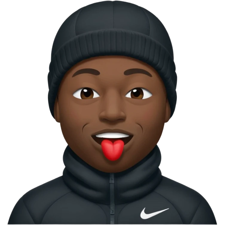 black guy with nike ski mask on squinching his face with his lips puckered trying to hold his laugh with his eyes closed emoji