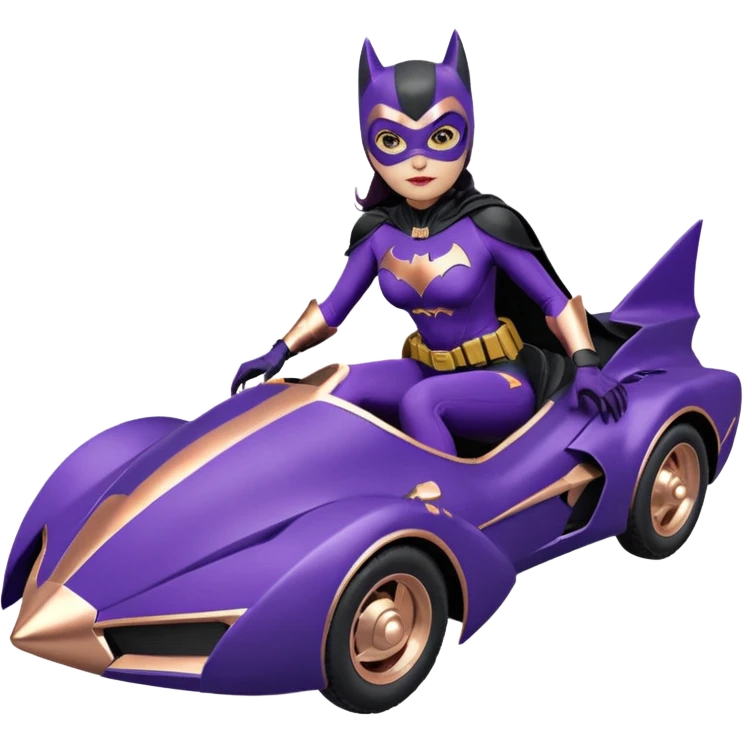  proportionally correct, real-appearance racing adult BatGirl’s feminine midnight-purple tight outfit sixty’s tv show 2032 stealth retro cat burglar sporty petite off-road pursuit hovering black hover cruiser car rose gold accents (black hair,reclined and relaxed seating position and attitude) Dakar emoji
