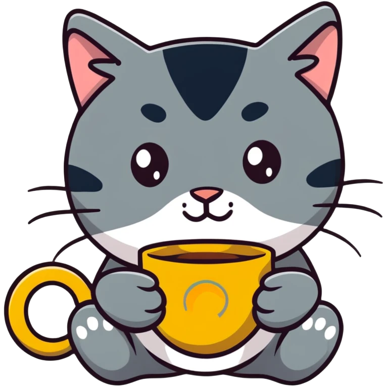tricolor fluffy cat with big green eyes drinking a cup of coffee emoji