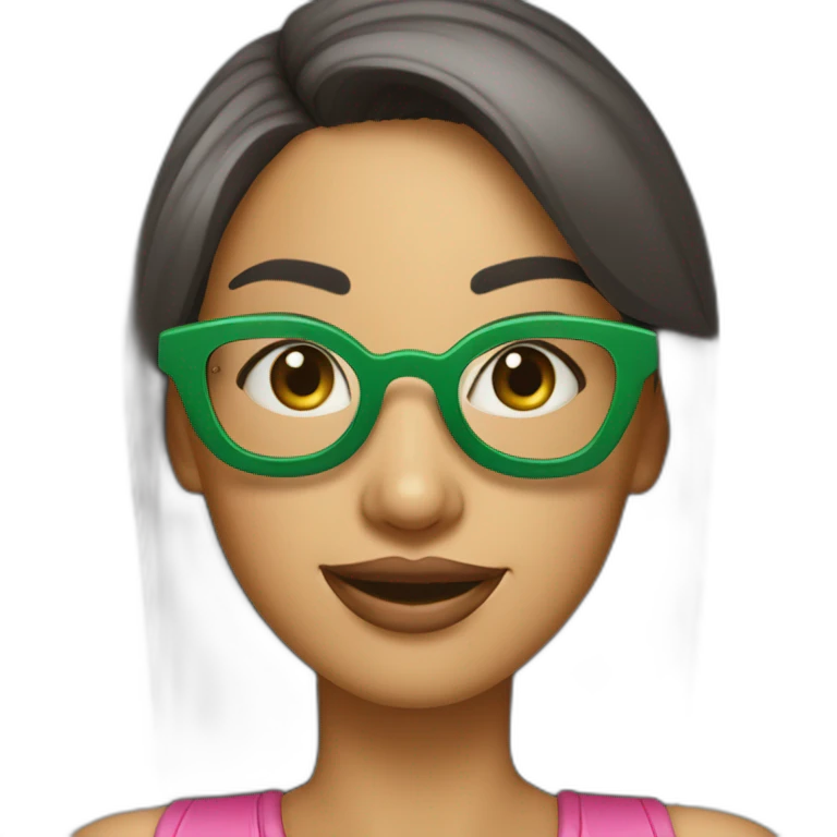 Chica mediana edad con gafas verdes, sonrisa amplia y labios pintados de rosa emoji