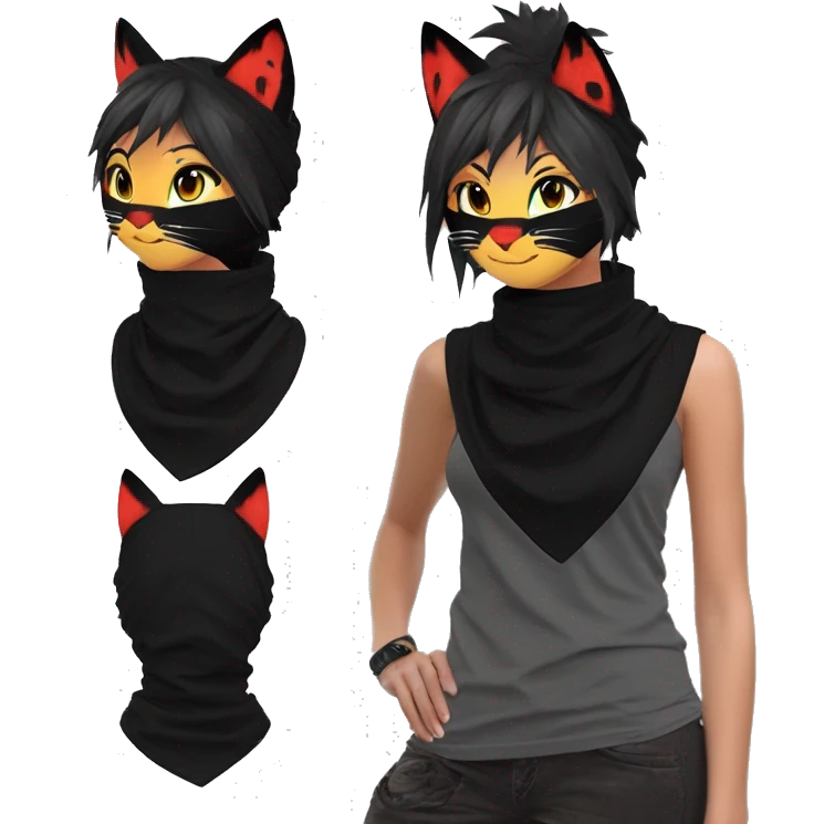 Edgy Shy Anthro Ninja boyish cool pretty dark black Litten-Pokémon-cat-fursona-animal techwear ponytail bandana emoji