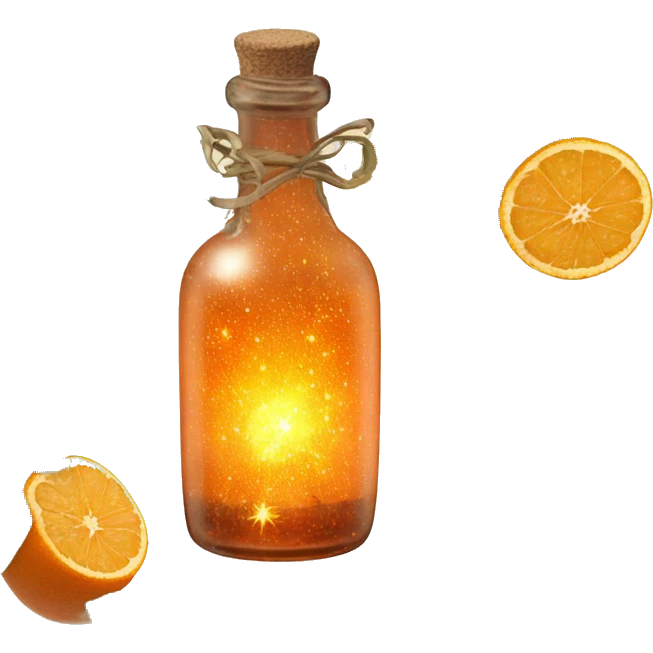 Orange magic fairy light sparkling old Antique bottle with poison and with herbal and flowers emoji