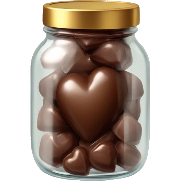 Realistic chocolate heart candies in a glass jar with a gold screw on lid on the top. emoji