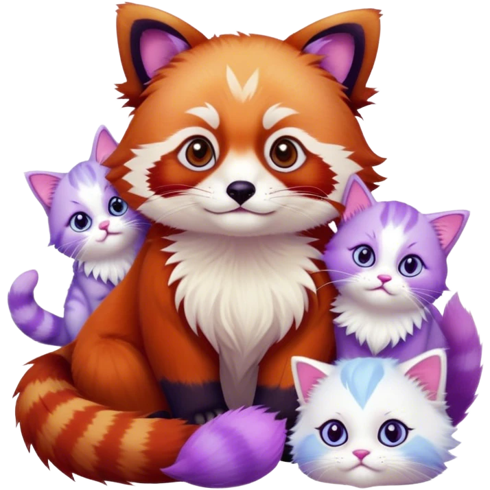 Red panda next to a ragdoll cat surrounded by purple kittens  emoji