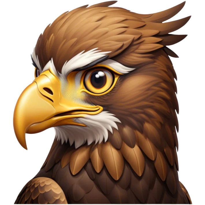 Cinematic Noble Golden Eagle Portrait Emoji, Poised and majestic, with a powerful, broad build, regal hooked beak, and piercing, intense eyes set against richly golden-brown plumage, Simplified yet sharp and sophisticated features, highly detailed, glowing with a soft, amber radiance, high shine, intelligent and commanding, stylized with an air of aerial supremacy, focused and determined, soft glowing outline, capturing the essence of a watchful and confident golden eagle that appears ready to soar out of the screen with effortless authority! emoji
