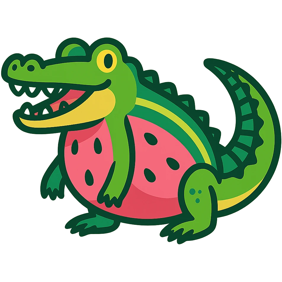 cartoon crocodile with a watermelon-shaped body, realistic crocodile tail and legs, vibrant green and pink colors emoji